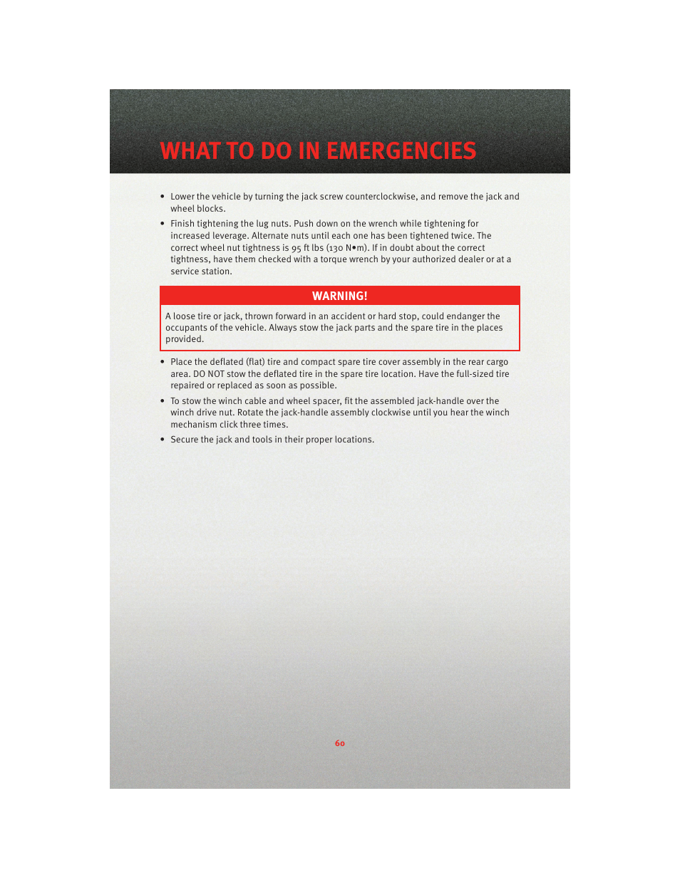 What to do in emergencies | Dodge 2010 Grand Caravan - User Guide User Manual | Page 62 / 88