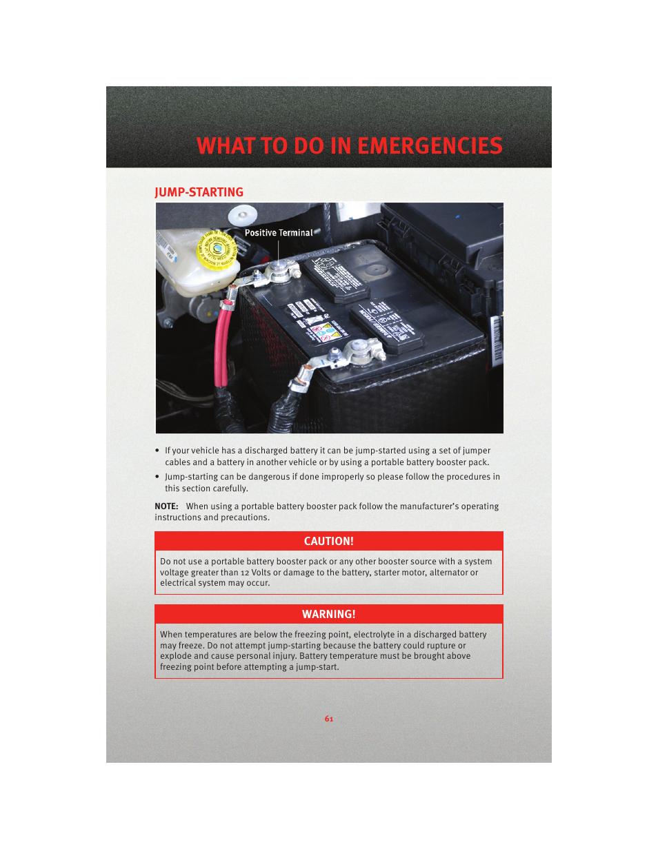 Jump-starting, What to do in emergencies | Dodge 2010 Grand Caravan - User Guide User Manual | Page 63 / 88