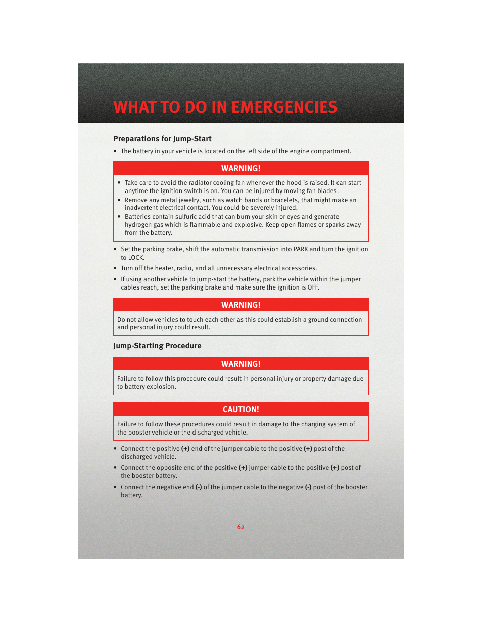 Preparations for jump-start, Jump-starting procedure, What to do in emergencies | Dodge 2010 Grand Caravan - User Guide User Manual | Page 64 / 88