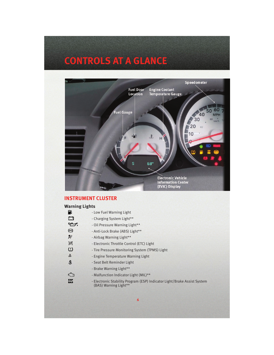 Instrument cluster, Warning lights, Controls at a glance | Dodge 2010 Grand Caravan - User Guide User Manual | Page 8 / 88