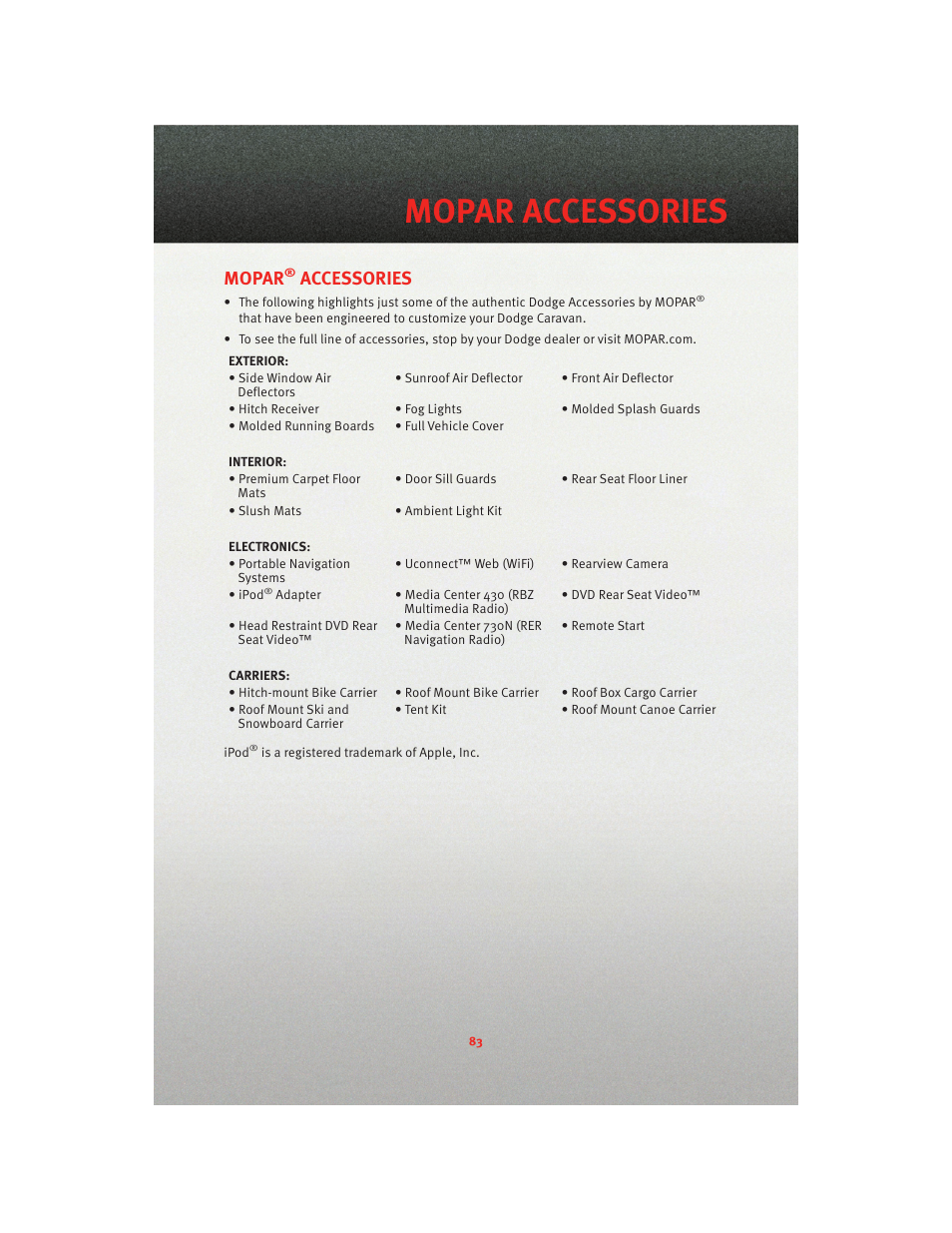 Mopar accessories, Mopar® accessories, Mopar | Accessories | Dodge 2010 Grand Caravan - User Guide User Manual | Page 85 / 88