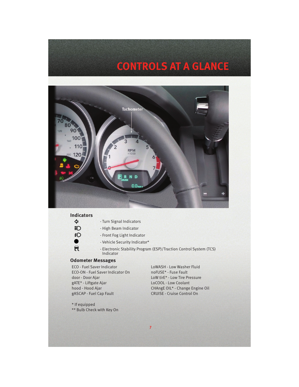 Indicators, Odometer messages, Controls at a glance | Dodge 2010 Grand Caravan - User Guide User Manual | Page 9 / 88