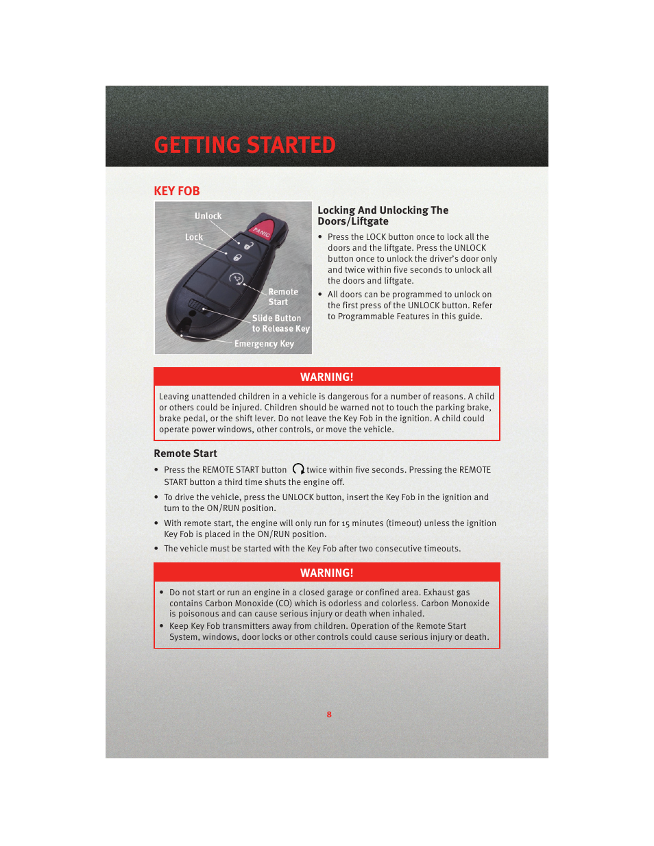 Getting started, Key fob, Locking and unlocking the doors/liftgate | Remote start | Dodge 2010 Journey - User Guide User Manual | Page 10 / 88