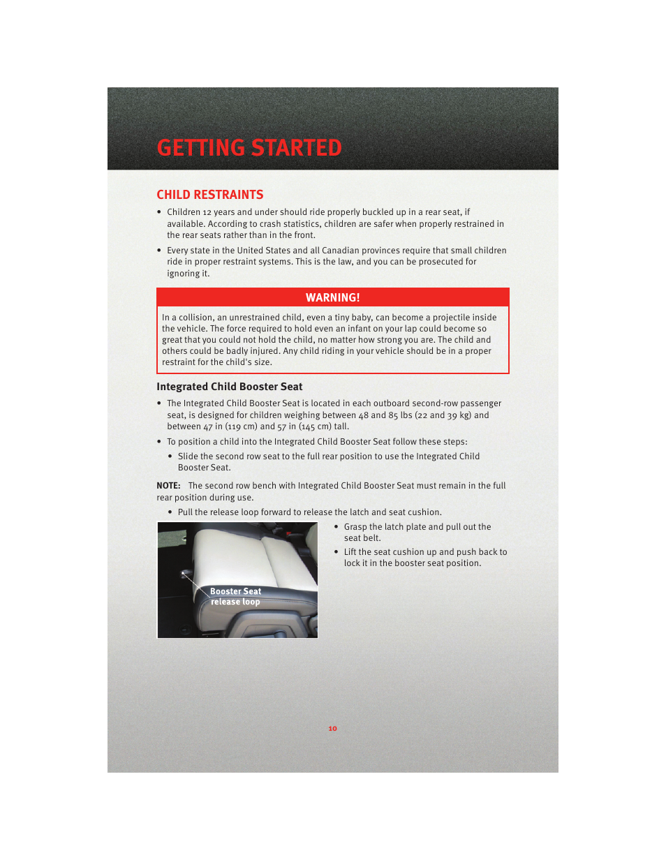 Child restraints, Integrated child booster seat, Getting started | Dodge 2010 Journey - User Guide User Manual | Page 12 / 88