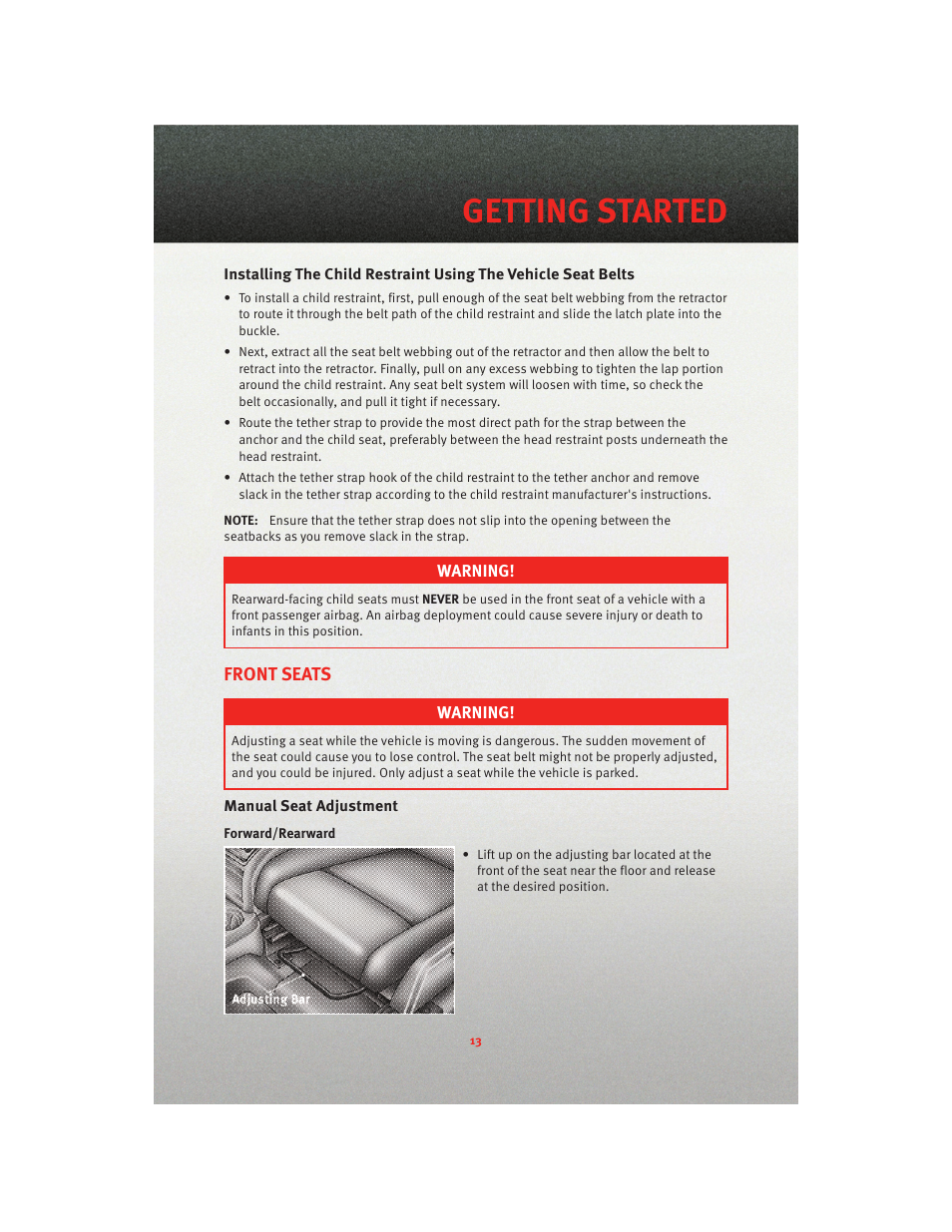 Front seats, Manual seat adjustment, Getting started | Dodge 2010 Journey - User Guide User Manual | Page 15 / 88