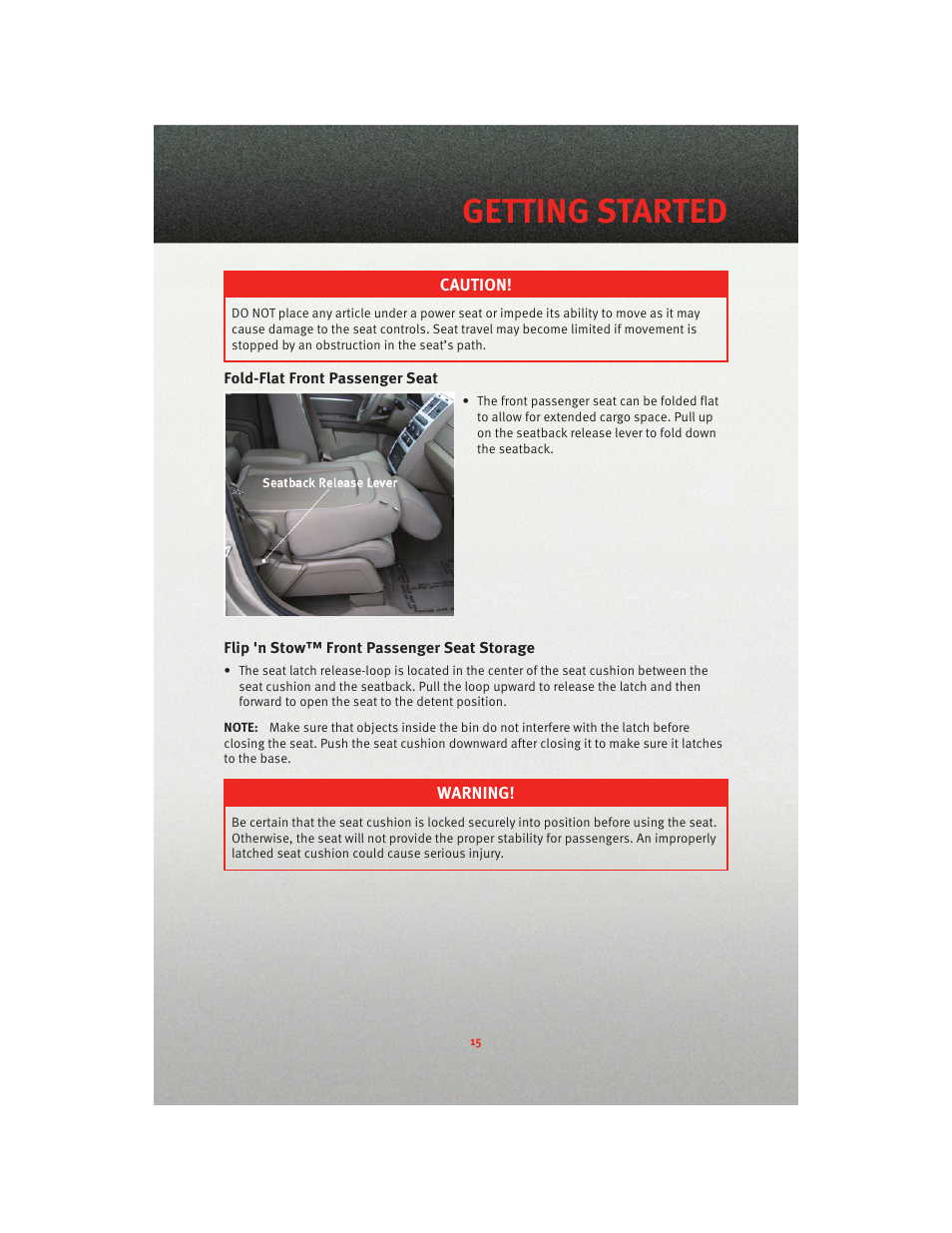 Fold-flat front passenger seat, Flip 'n stow™ front passenger seat storage, Getting started | Dodge 2010 Journey - User Guide User Manual | Page 17 / 88
