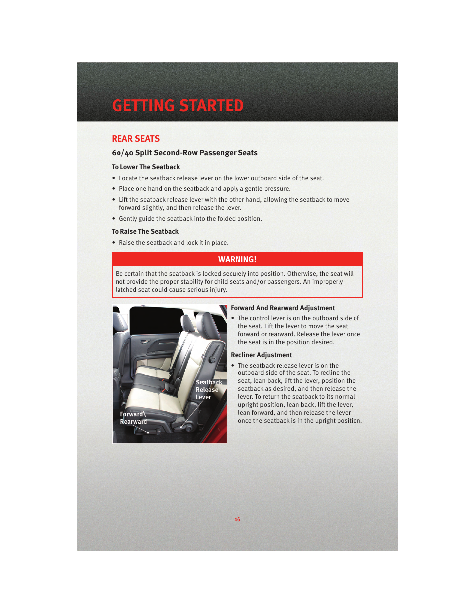 Rear seats, 60/40 split second-row passenger seats, Getting started | Dodge 2010 Journey - User Guide User Manual | Page 18 / 88