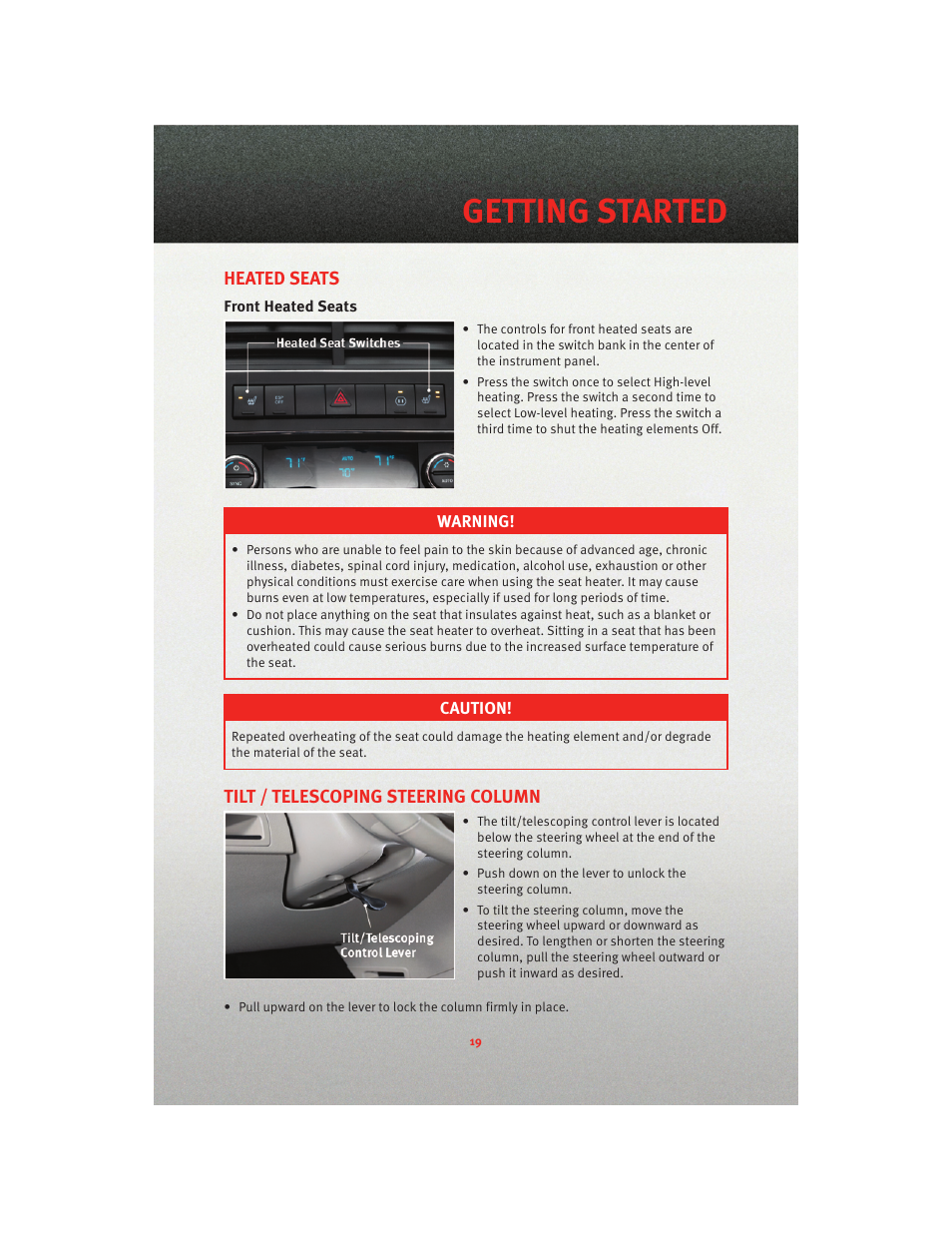 Heated seats, Front heated seats, Tilt / telescoping steering column | Getting started | Dodge 2010 Journey - User Guide User Manual | Page 21 / 88