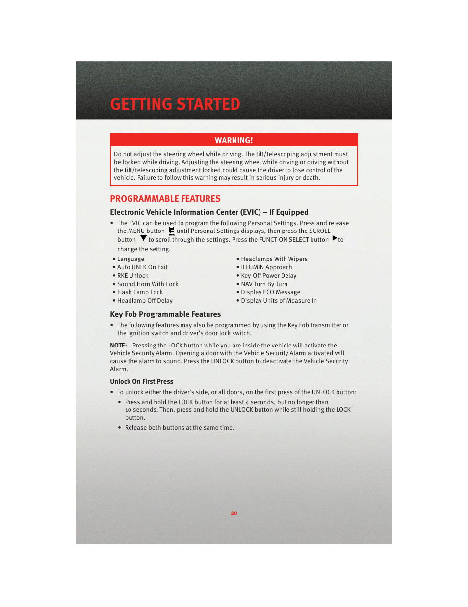 Programmable features, Key fob programmable features, Getting started | Dodge 2010 Journey - User Guide User Manual | Page 22 / 88