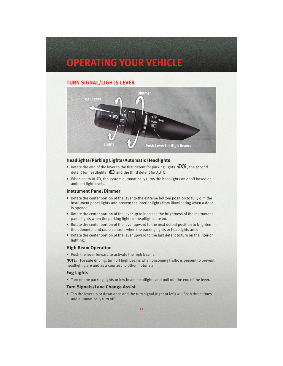 Operating your vehicle, Turn signal/lights lever, Headlights/parking lights/automatic headlights | Instrument panel dimmer, High beam operation, Fog lights, Turn signals/lane change assist | Dodge 2010 Journey - User Guide User Manual | Page 24 / 88