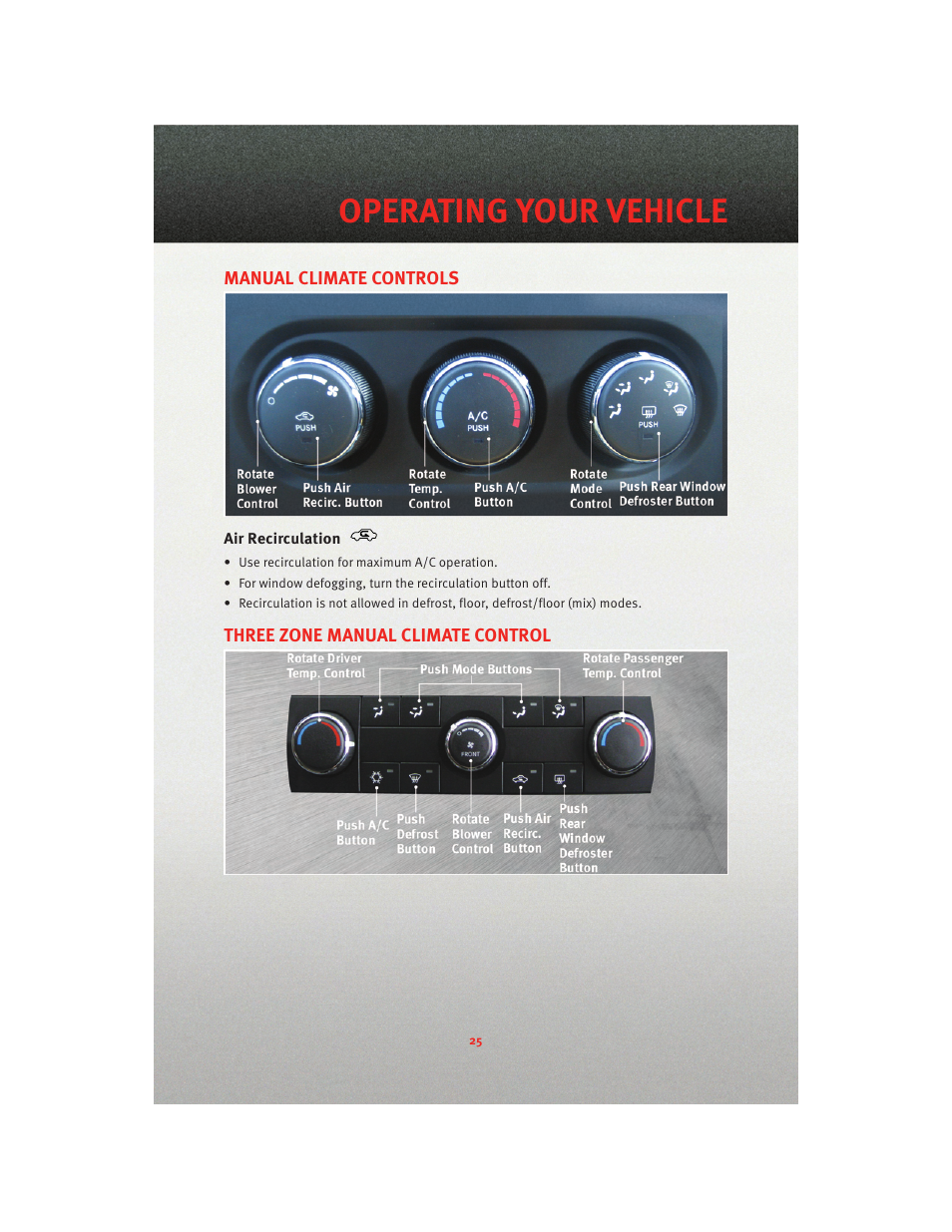 Manual climate controls, Air recirculation, Three zone manual climate control | Operating your vehicle | Dodge 2010 Journey - User Guide User Manual | Page 27 / 88