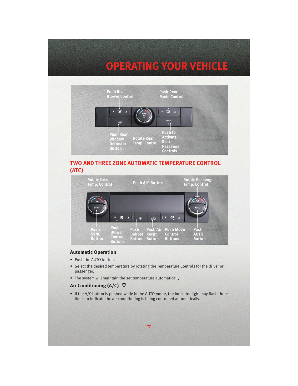 Automatic operation, Air conditioning (a/c), Operating your vehicle | Dodge 2010 Journey - User Guide User Manual | Page 29 / 88