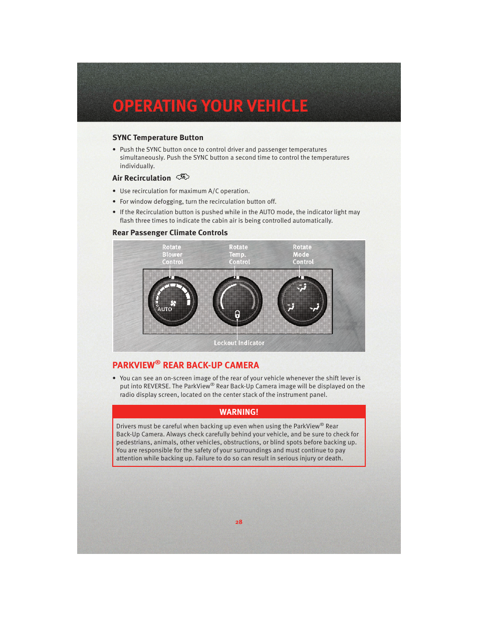 Sync temperature button, Air recirculation, Rear passenger climate controls | Operating your vehicle, Parkview, Rear back-up camera | Dodge 2010 Journey - User Guide User Manual | Page 30 / 88