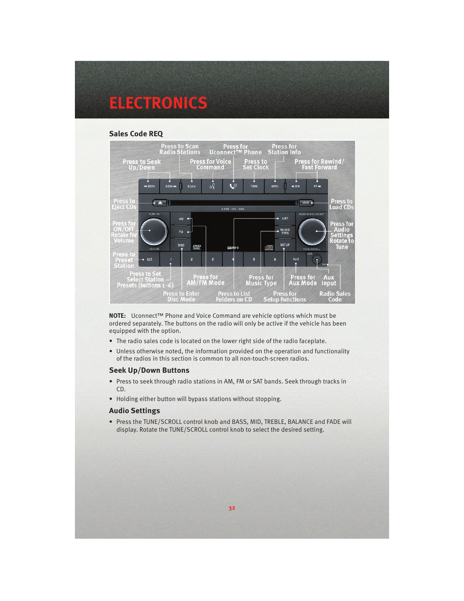 Sales code req, Seek up/down buttons, Audio settings | Electronics | Dodge 2010 Journey - User Guide User Manual | Page 34 / 88