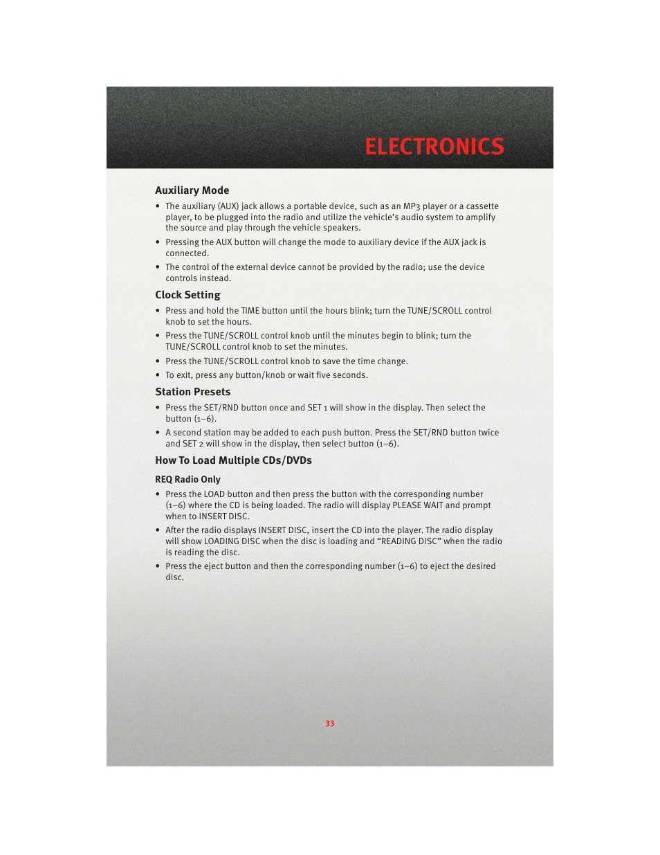 Auxiliary mode, Clock setting, Station presets | How to load multiple cds/dvds, Electronics | Dodge 2010 Journey - User Guide User Manual | Page 35 / 88