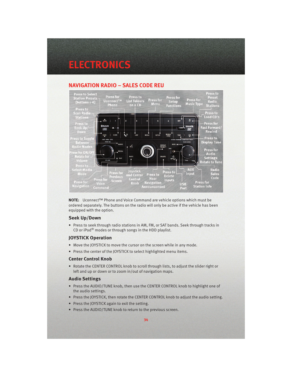 Navigation radio – sales code reu, Seek up/down, Joystick operation | Center control knob, Audio settings, Electronics | Dodge 2010 Journey - User Guide User Manual | Page 36 / 88