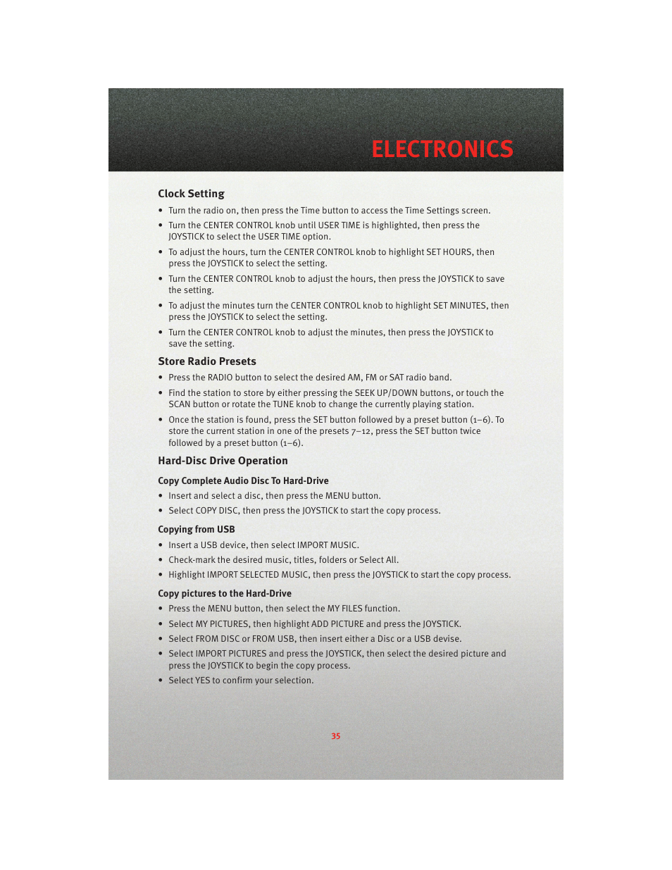 Clock setting, Store radio presets, Hard-disc drive operation | Electronics | Dodge 2010 Journey - User Guide User Manual | Page 37 / 88