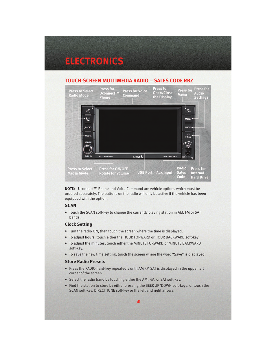 Touch-screen multimedia radio – sales code rbz, Scan, Clock setting | Store radio presets, Electronics | Dodge 2010 Journey - User Guide User Manual | Page 40 / 88