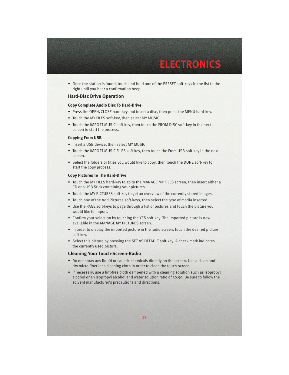 Hard-disc drive operation, Cleaning your touch-screen-radio, Electronics | Dodge 2010 Journey - User Guide User Manual | Page 41 / 88