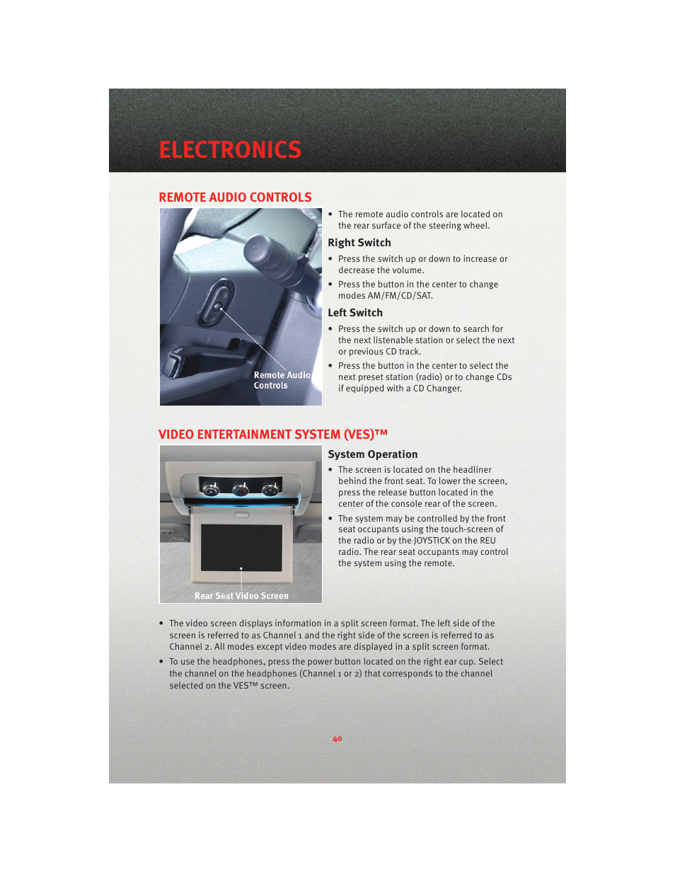 Remote audio controls, Right switch, Left switch | Video entertainment system (ves), System operation, Electronics | Dodge 2010 Journey - User Guide User Manual | Page 42 / 88