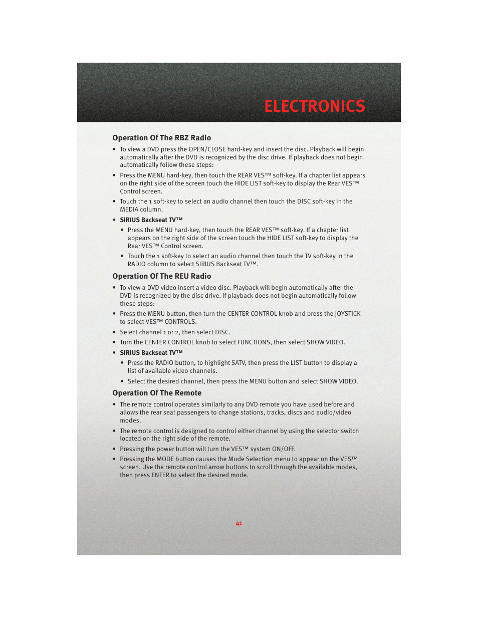 Operation of the rbz radio, Operation of the reu radio, Operation of the remote | Electronics | Dodge 2010 Journey - User Guide User Manual | Page 43 / 88