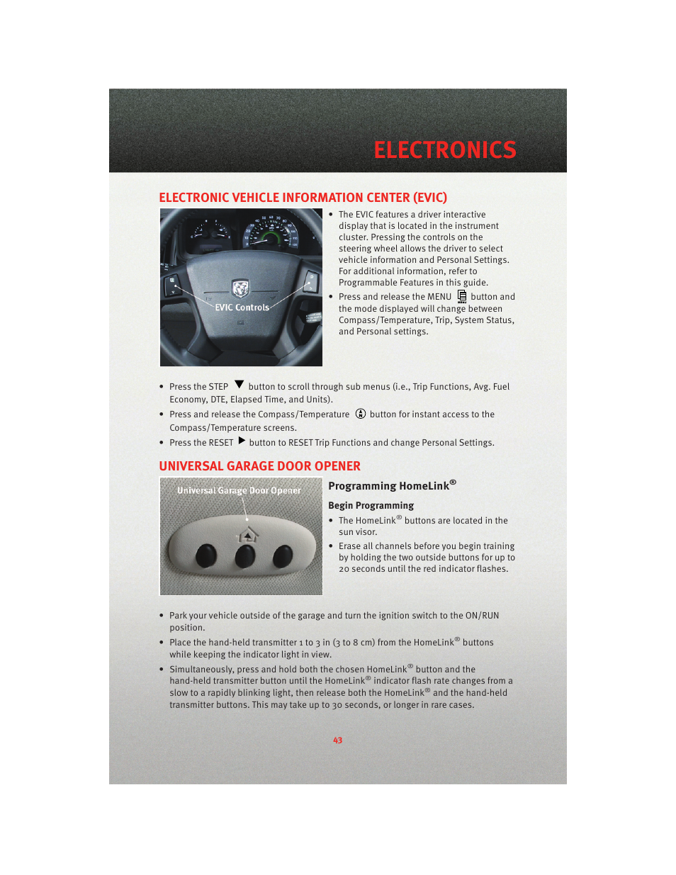 Electronic vehicle information center (evic), Universal garage door opener, Electronics | Dodge 2010 Journey - User Guide User Manual | Page 45 / 88