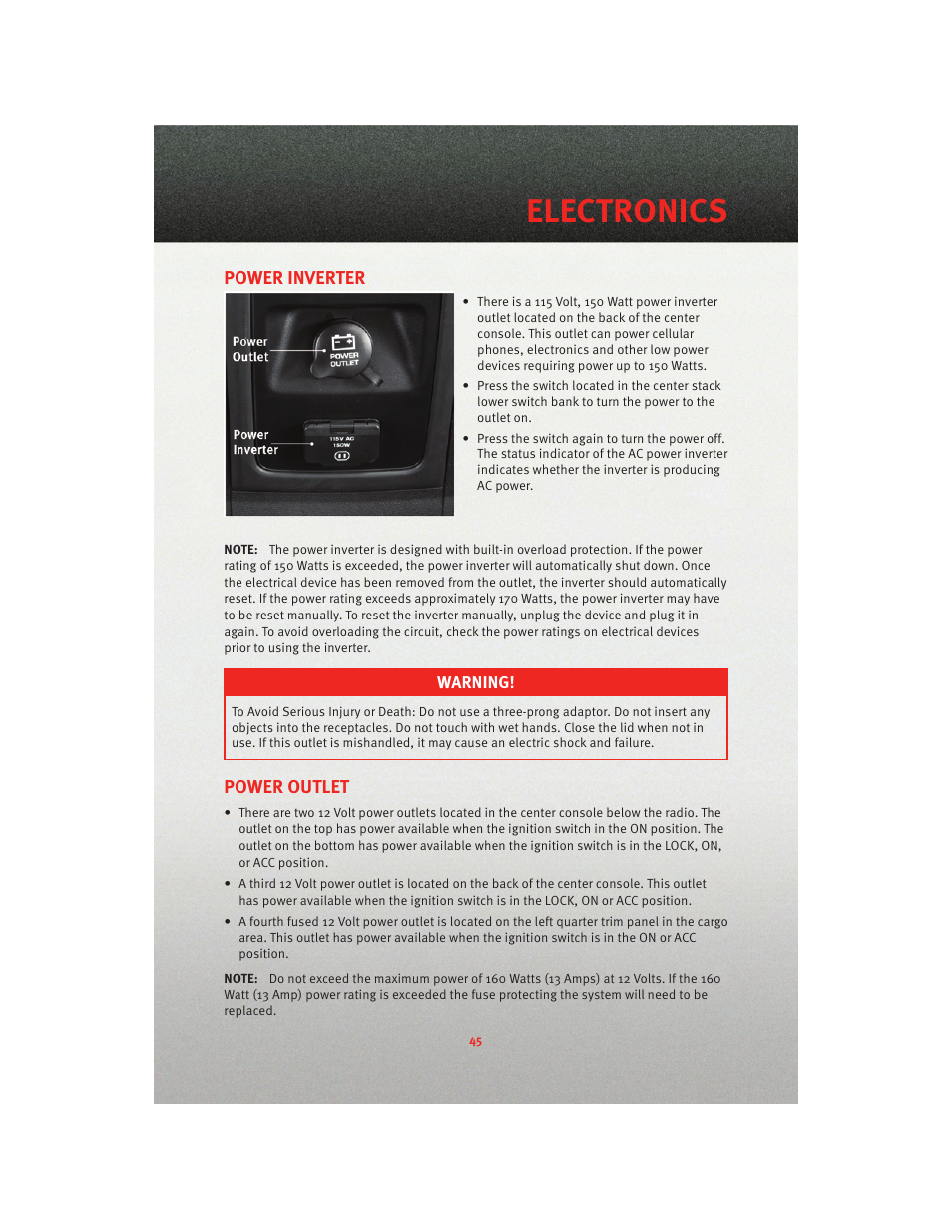 Power inverter, Power outlet, Electronics | Dodge 2010 Journey - User Guide User Manual | Page 47 / 88