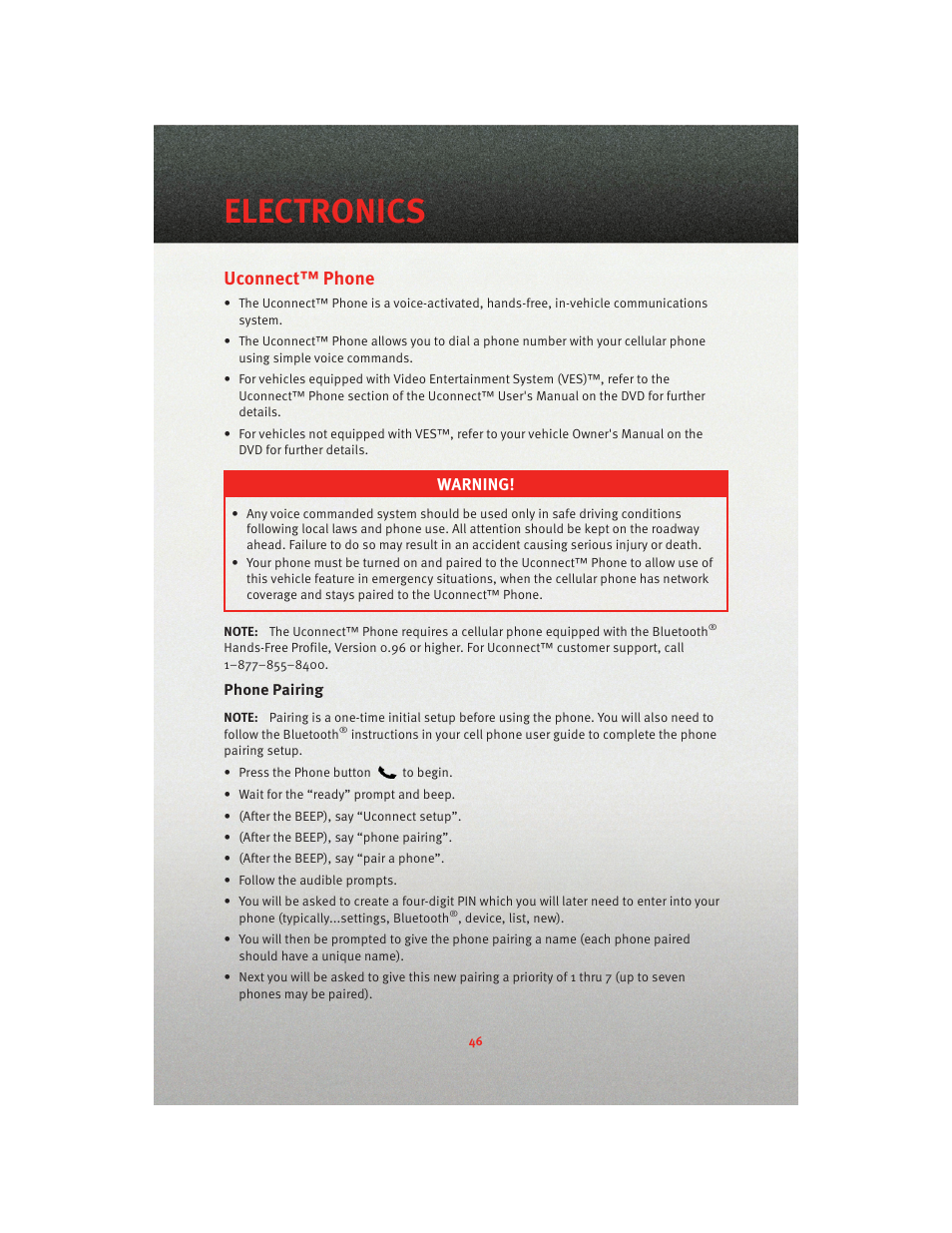 Uconnect™ phone, Phone pairing, Electronics | Warning | Dodge 2010 Journey - User Guide User Manual | Page 48 / 88