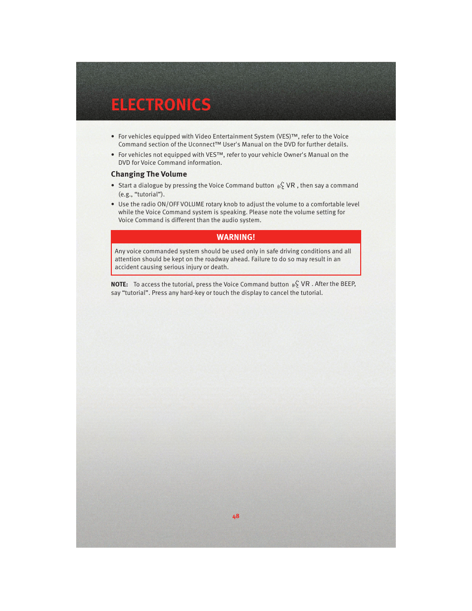 Changing the volume, Electronics | Dodge 2010 Journey - User Guide User Manual | Page 50 / 88