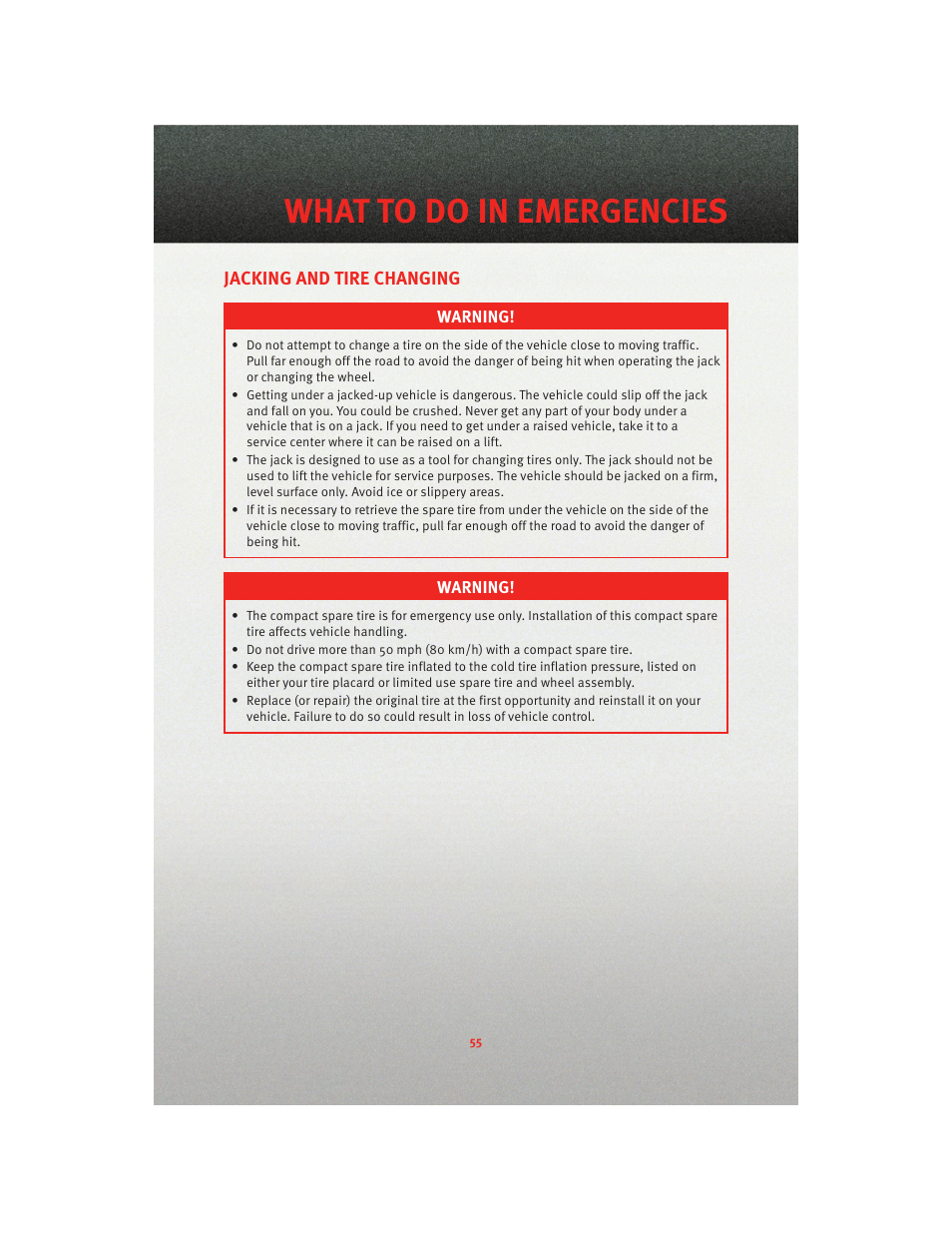 Jacking and tire changing, What to do in emergencies | Dodge 2010 Journey - User Guide User Manual | Page 57 / 88