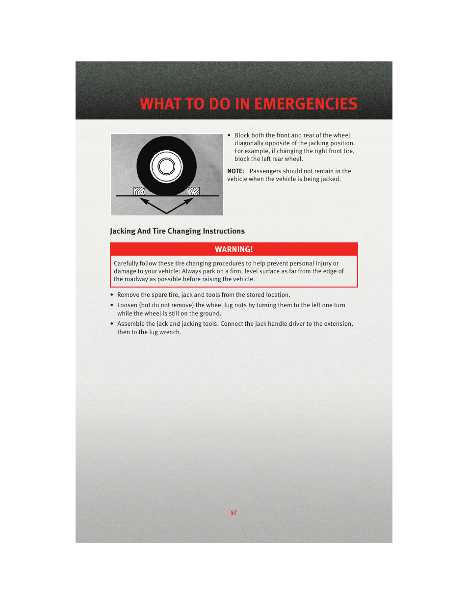 Jacking and tire changing instructions, What to do in emergencies | Dodge 2010 Journey - User Guide User Manual | Page 59 / 88