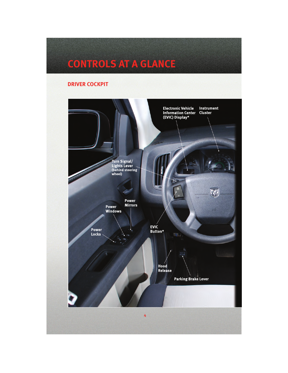 Controls at a glance, Driver cockpit | Dodge 2010 Journey - User Guide User Manual | Page 6 / 88