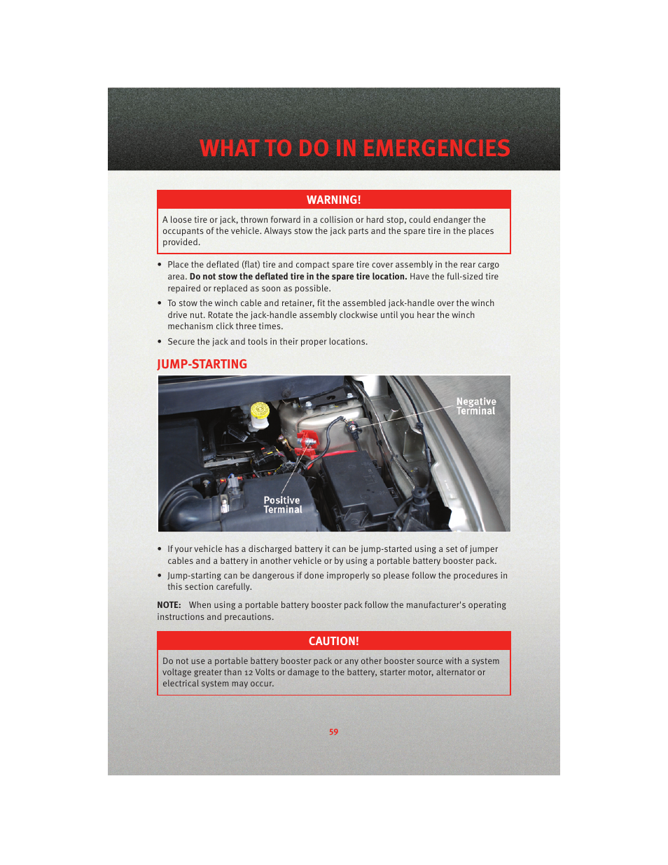 Jump-starting, What to do in emergencies | Dodge 2010 Journey - User Guide User Manual | Page 61 / 88