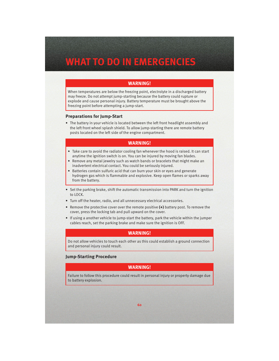 Preparations for jump-start, Jump-starting procedure, What to do in emergencies | Dodge 2010 Journey - User Guide User Manual | Page 62 / 88