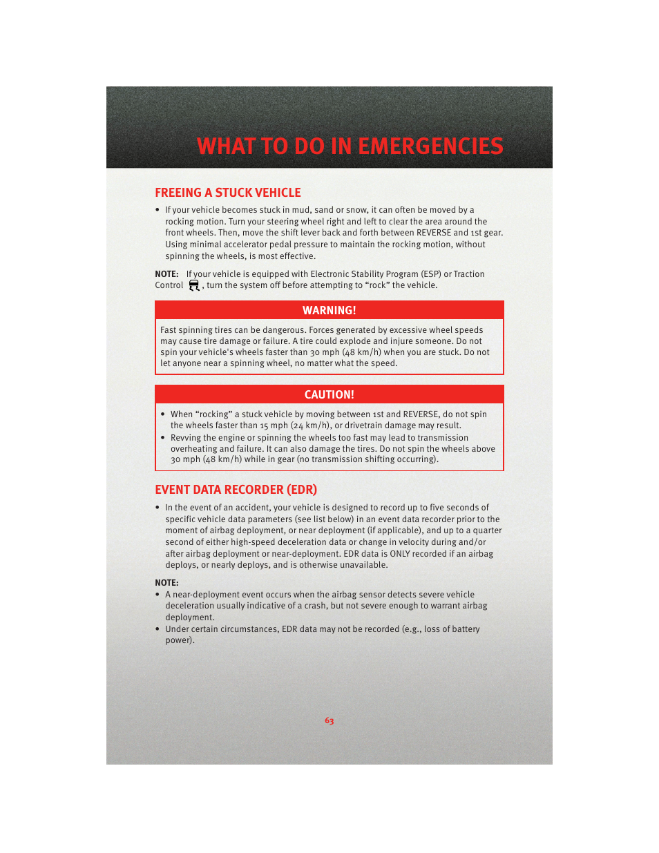 Freeing a stuck vehicle, Event data recorder (edr), What to do in emergencies | Dodge 2010 Journey - User Guide User Manual | Page 65 / 88