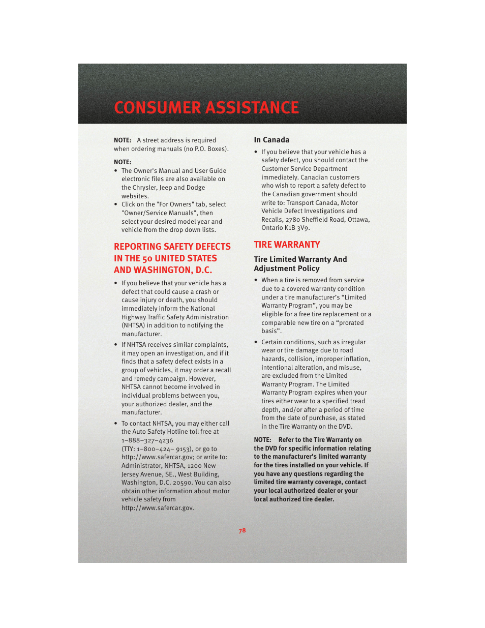 In canada, Tire warranty, Tire limited warranty and adjustment policy | Consumer assistance | Dodge 2010 Journey - User Guide User Manual | Page 80 / 88