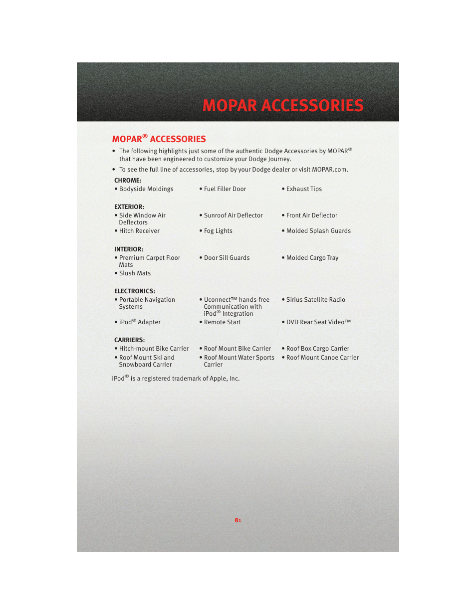 Mopar accessories, Mopar, Accessories | Dodge 2010 Journey - User Guide User Manual | Page 83 / 88