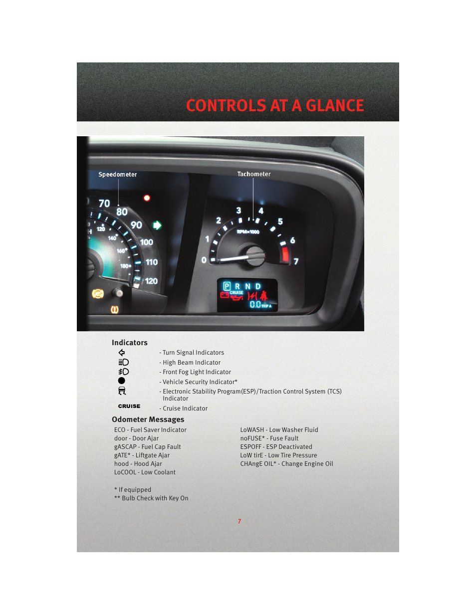 Indicators, Odometer messages, Controls at a glance | Dodge 2010 Journey - User Guide User Manual | Page 9 / 88