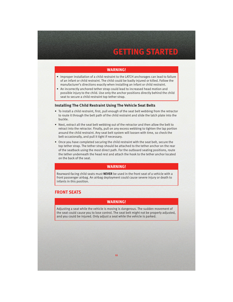 Front seats, Getting started | Dodge 2010 Nitro - User Guide User Manual | Page 13 / 72