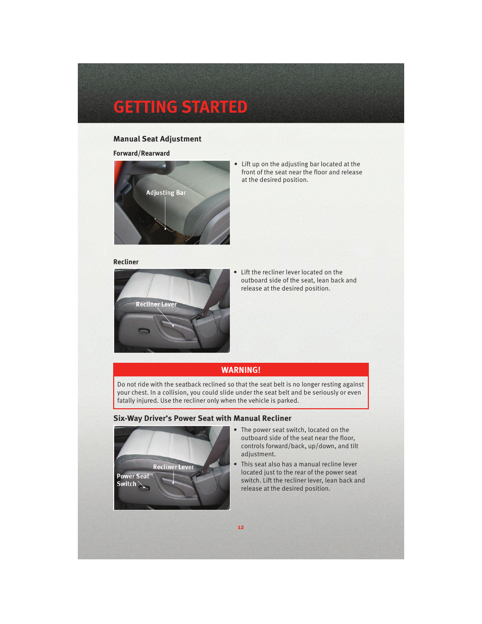 Manual seat adjustment, Six-way driver’s power seat with manual recliner, Getting started | Dodge 2010 Nitro - User Guide User Manual | Page 14 / 72