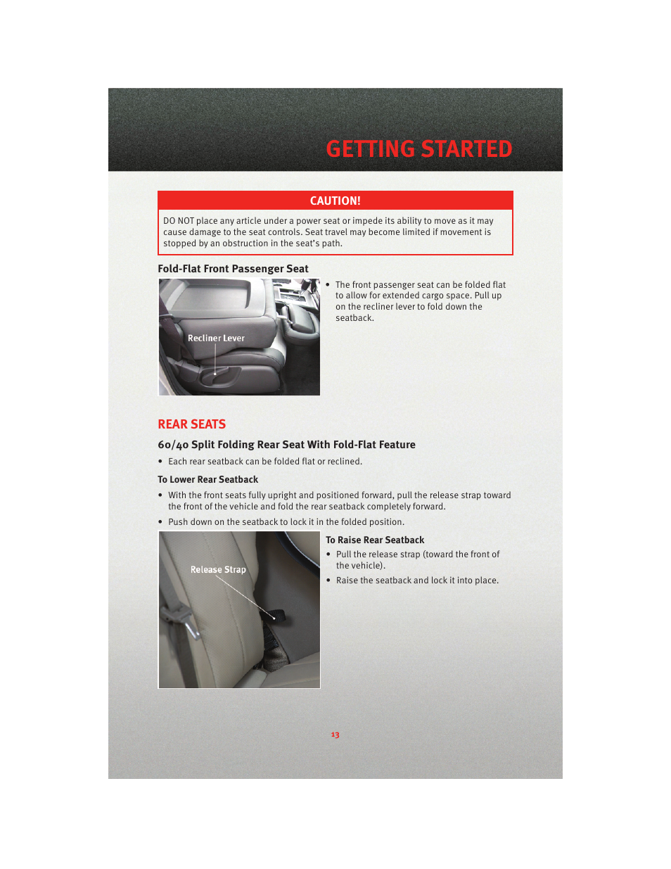 Fold-flat front passenger seat, Rear seats, Getting started | Dodge 2010 Nitro - User Guide User Manual | Page 15 / 72