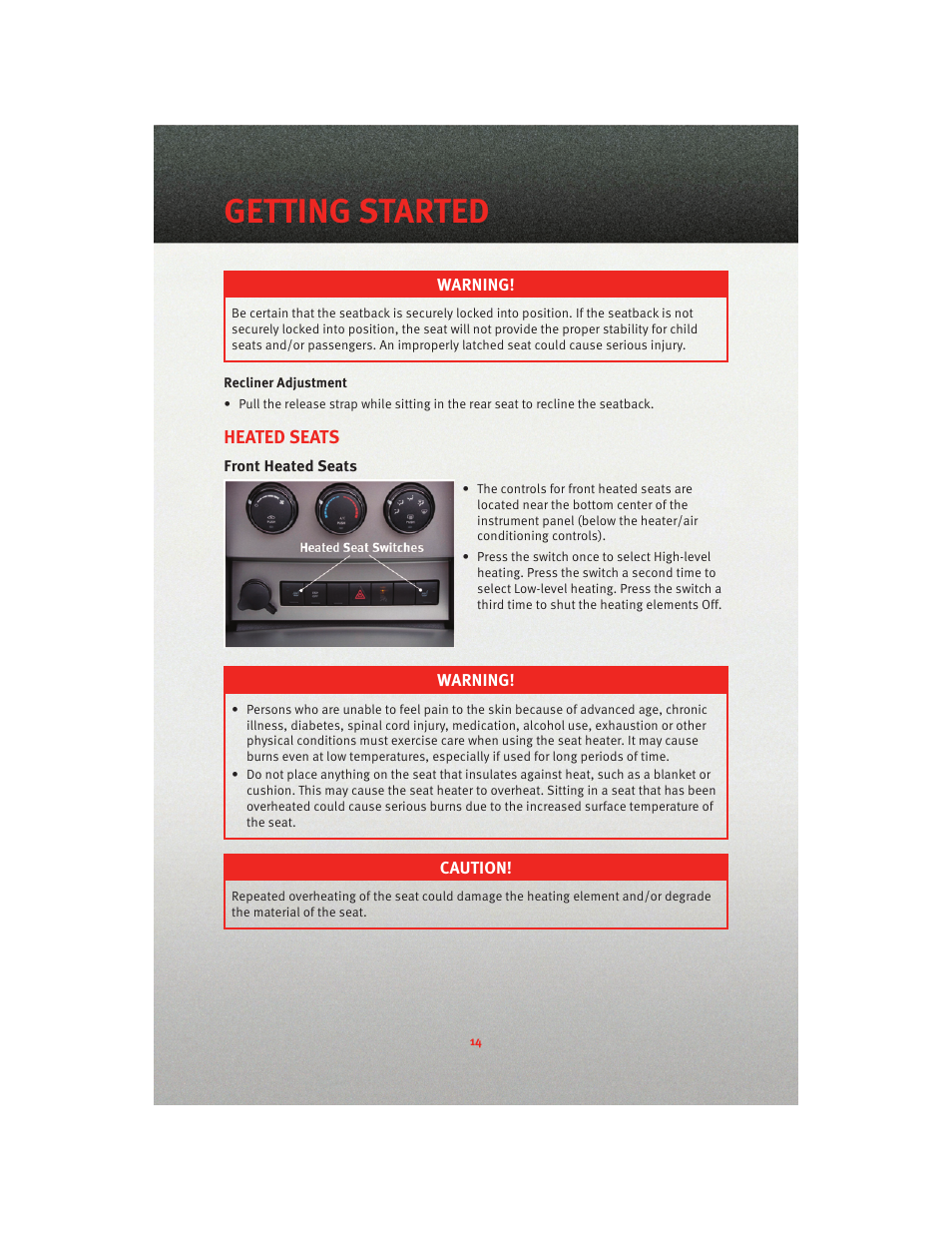 Heated seats, Front heated seats, Getting started | Dodge 2010 Nitro - User Guide User Manual | Page 16 / 72