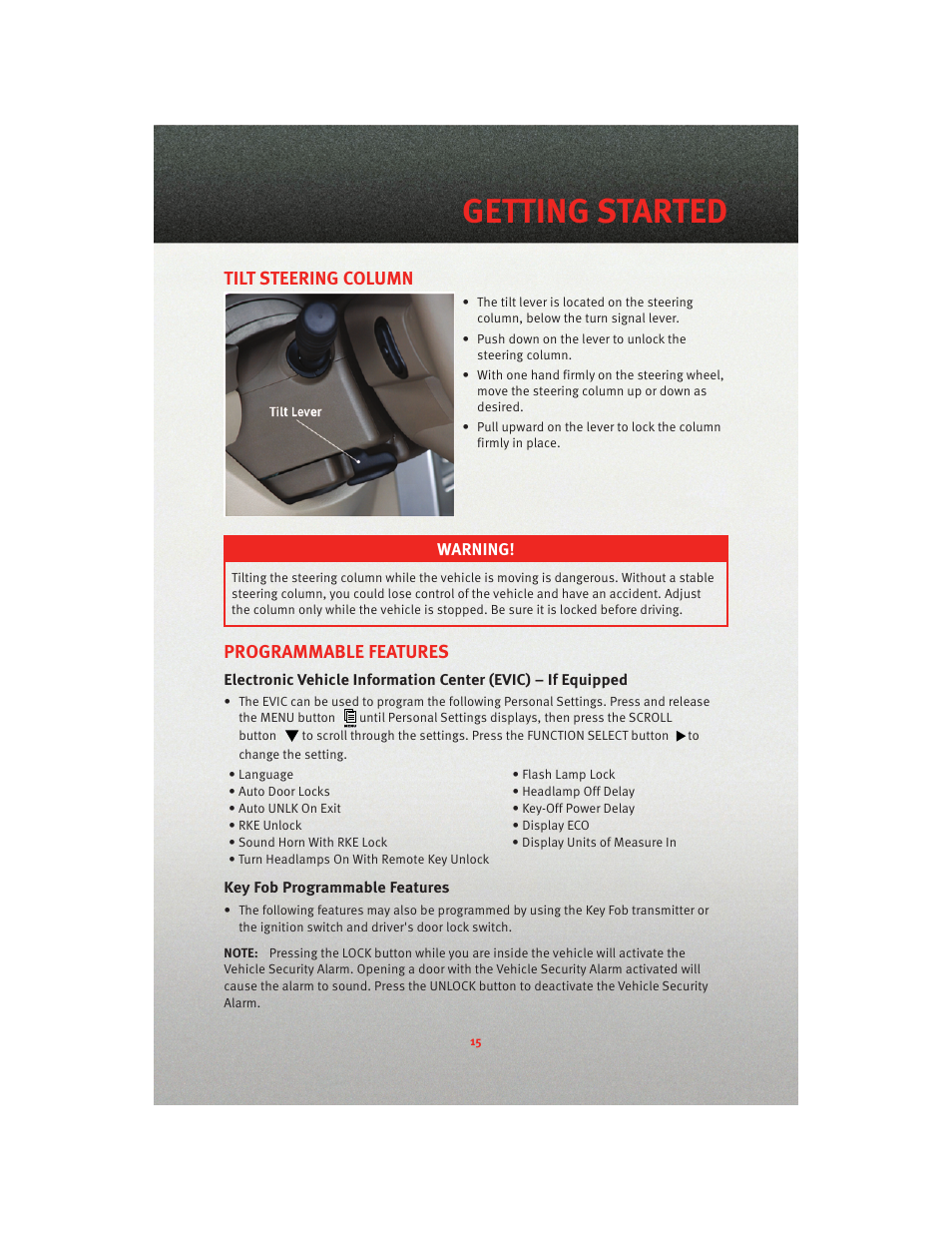 Tilt steering column, Programmable features, Key fob programmable features | Getting started | Dodge 2010 Nitro - User Guide User Manual | Page 17 / 72
