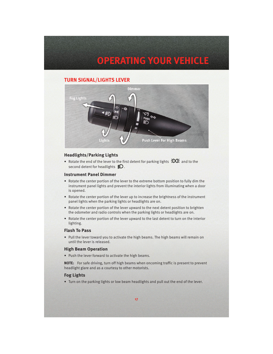 Operating your vehicle, Turn signal/lights lever, Headlights/parking lights | Instrument panel dimmer, Flash to pass, High beam operation, Fog lights | Dodge 2010 Nitro - User Guide User Manual | Page 19 / 72