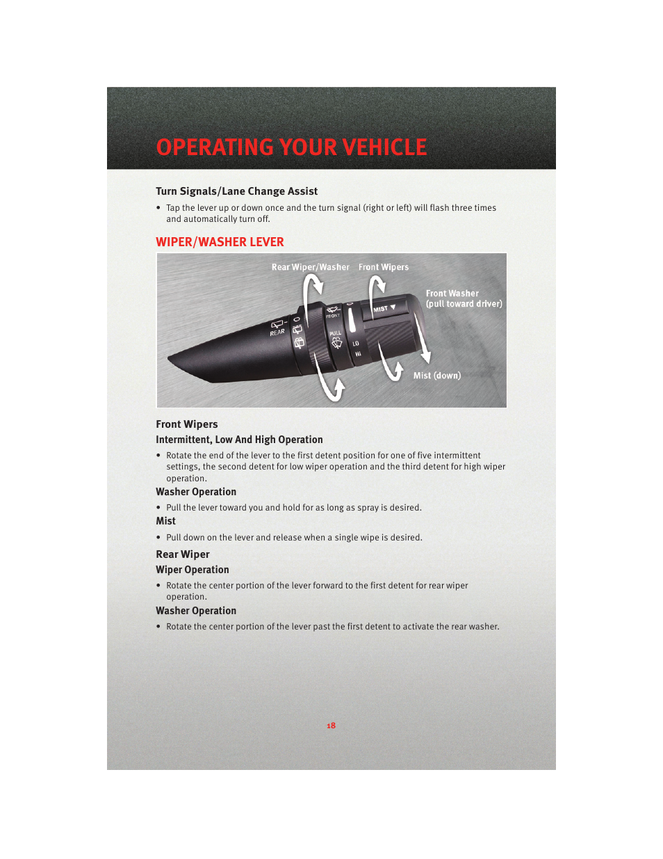 Turn signals/lane change assist, Wiper/washer lever, Front wipers | Rear wiper, Operating your vehicle | Dodge 2010 Nitro - User Guide User Manual | Page 20 / 72