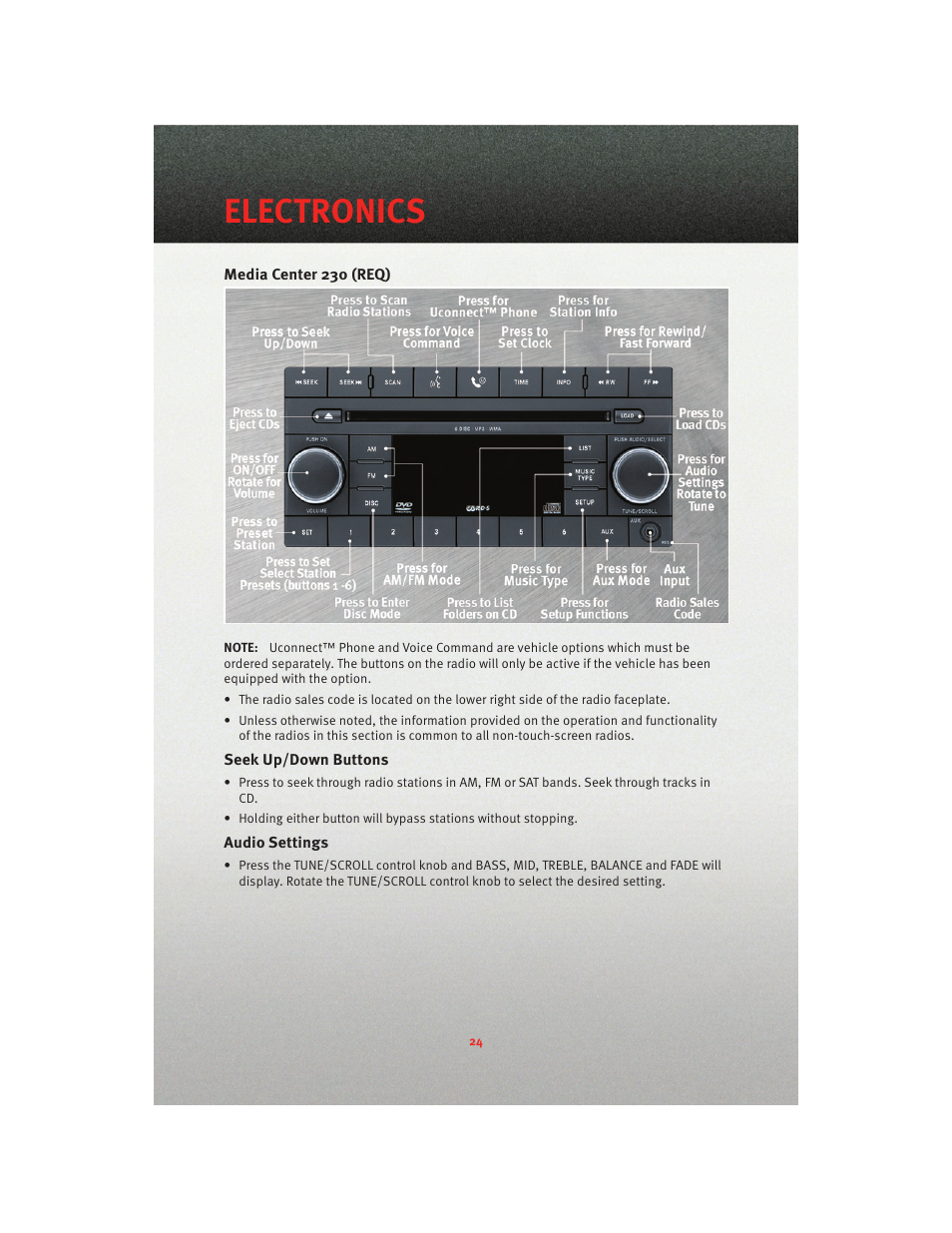 Media center 230 (req), Seek up/down buttons, Audio settings | Electronics | Dodge 2010 Nitro - User Guide User Manual | Page 26 / 72