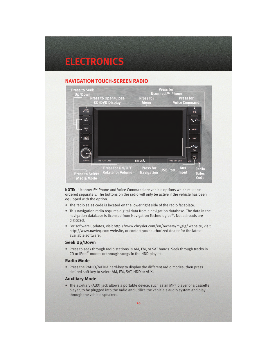 Navigation touch-screen radio, Seek up/down, Radio mode | Auxiliary mode, Electronics | Dodge 2010 Nitro - User Guide User Manual | Page 28 / 72