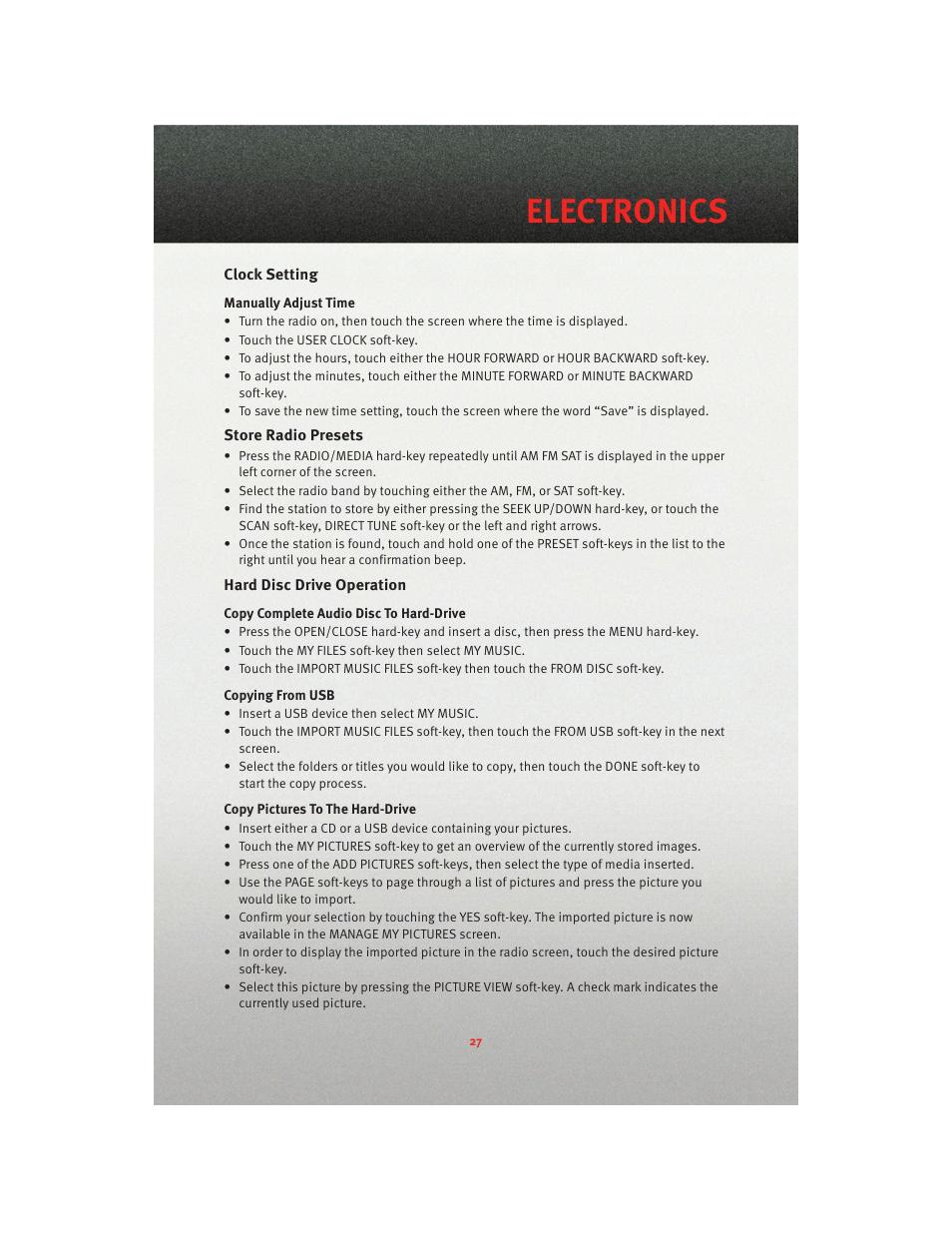 Clock setting, Store radio presets, Hard disc drive operation | Electronics | Dodge 2010 Nitro - User Guide User Manual | Page 29 / 72