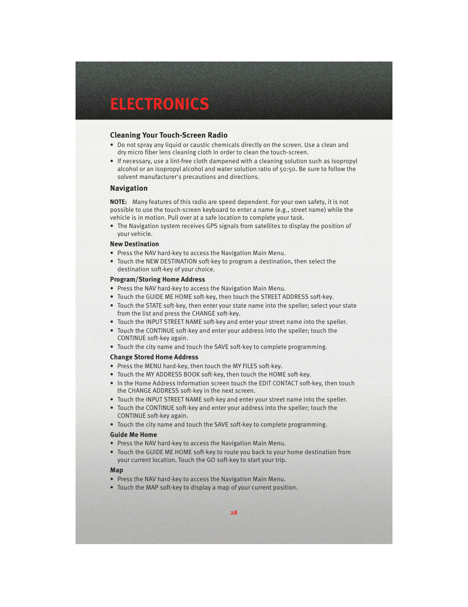 Cleaning your touch-screen radio, Navigation, Electronics | Dodge 2010 Nitro - User Guide User Manual | Page 30 / 72