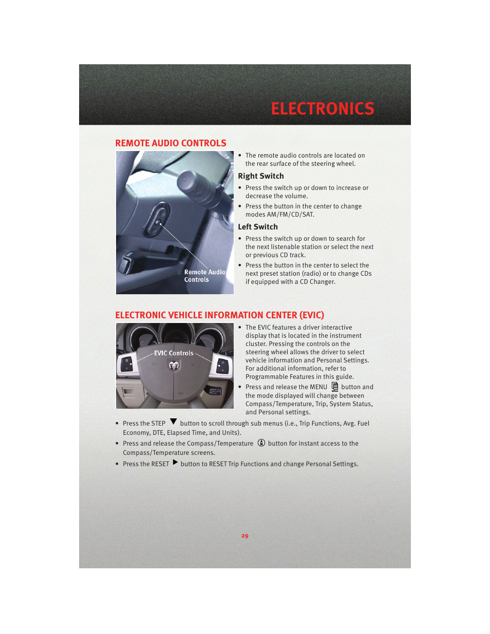 Remote audio controls, Right switch, Left switch | Electronic vehicle information center (evic), Electronics | Dodge 2010 Nitro - User Guide User Manual | Page 31 / 72